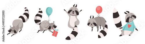 Funny Raccoon Animal Character with Ringed Tail Vector Set