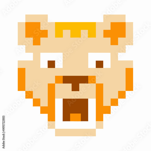 Pixelated lion head art on white background, retro video game icon