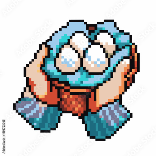 Pixel art hands holding nest with eggs, retro gaming design, pixelated graphics