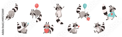 Funny Raccoon Animal Character with Ringed Tail Vector Set