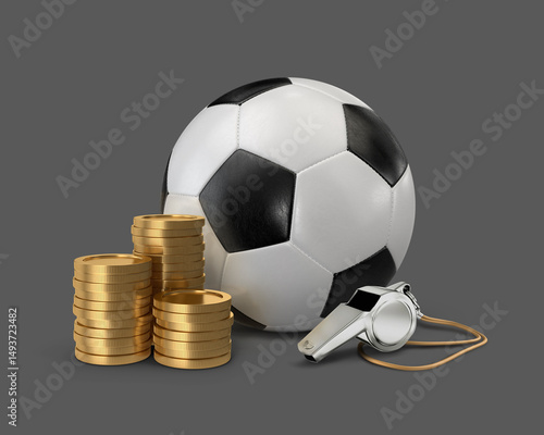 Soccer ball, whistle and golden coins on grey background