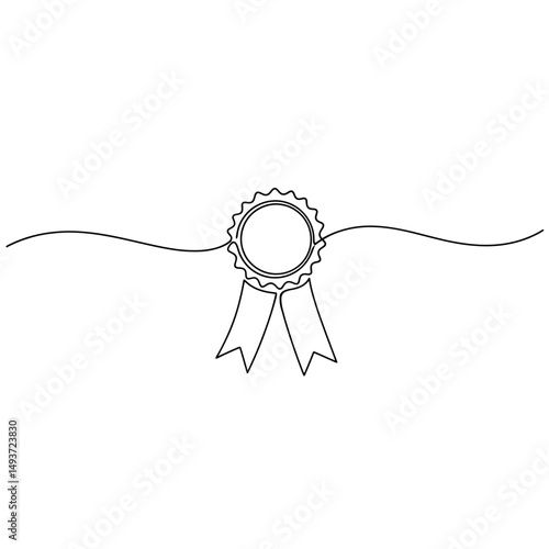 Continuous line drawing of a rosette ribbon award with a wavy line across the image white background