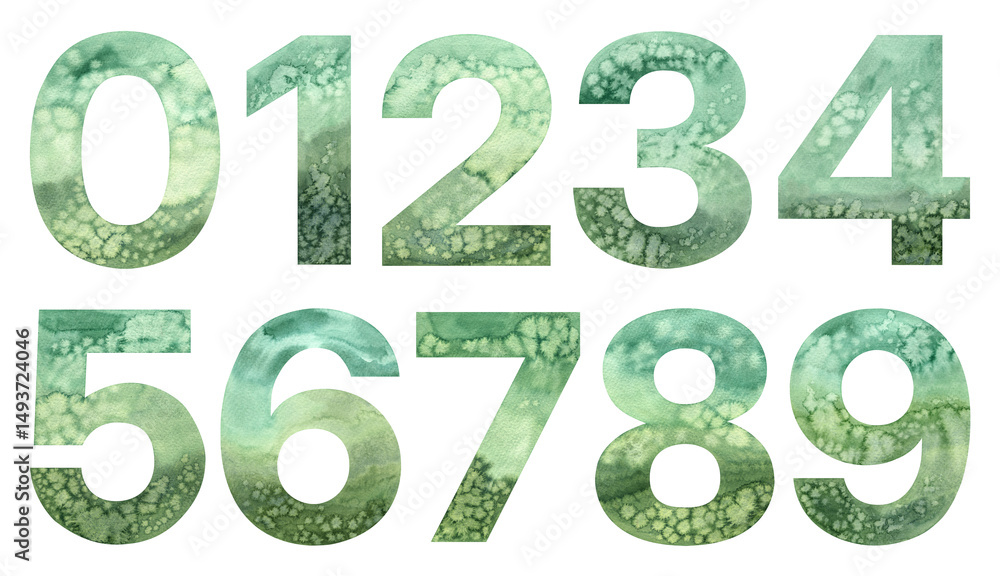 Watercolor illustration collection green numbers alphabet 12 3 4 5 6 7 8 9 0. Hand painted watercolour drawing isolated background elements, creative design, sticker, invitation, save the date card Watercolor illustration collection green numbers alphabet 12 3 4 5 6 7 8 9 0. Hand painted watercolour drawing isolated background elements, creative design, sticker, invitation, save the date card