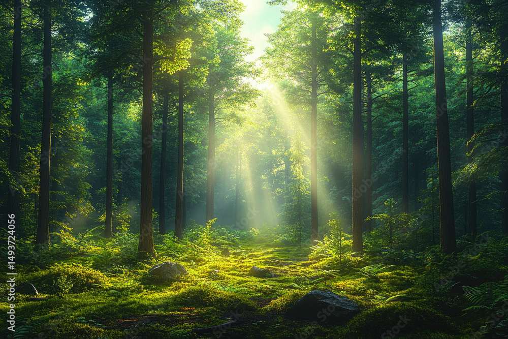 Obraz premium A Serene Early Morning in a Dense Mossy Forest