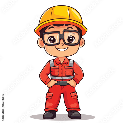 Cartoon Construction Worker Boy with Yellow Hard Hat and Red Overalls