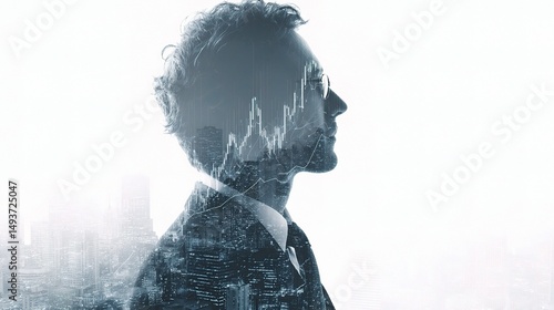 Double Exposure of CEO Overlooking Cityscape with Data Visualization
