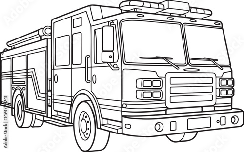 Fire engine truck Outline vector illustration isolated On Transparent Background