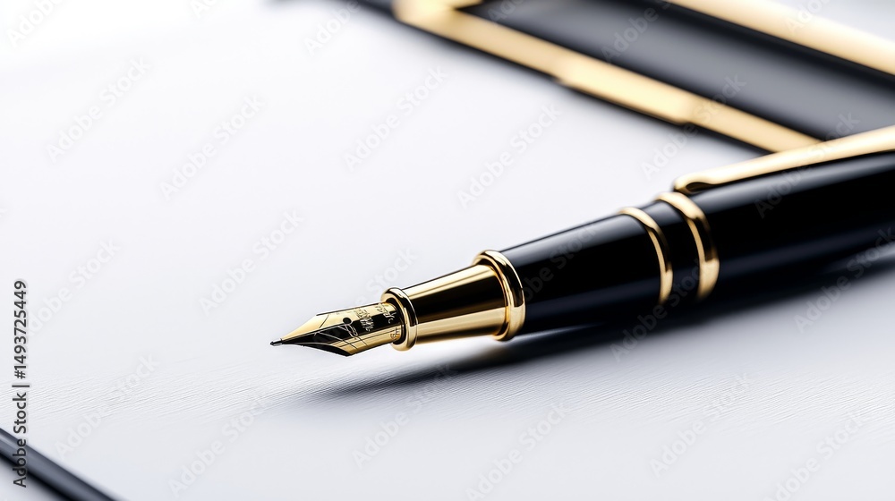 A captivating macro close-up shot of a sophisticated black and gold luxury fountain pen resting elegantly on a clean white textured surface. A captivating macro close-up shot of a sophisticated black and gold luxury fountain pen resting elegantly on a clean white textured surface.