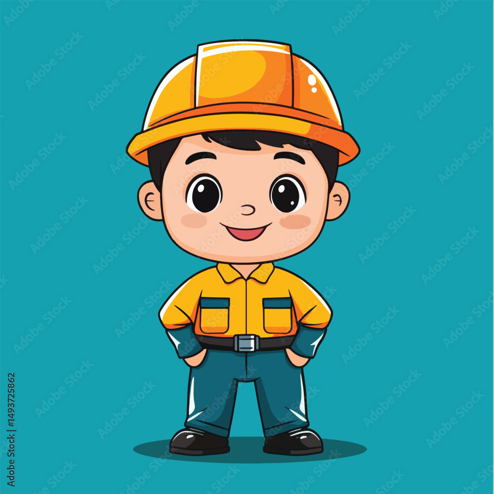 Cartoon Construction Worker with Yellow Hardhat and Hands in Pockets Cartoon Construction Worker with Yellow Hardhat and Hands in Pockets