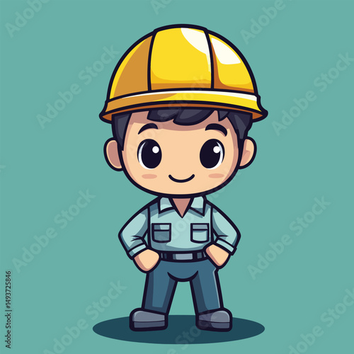 Cartoon Construction Worker with Yellow Hardhat and Hands on Hips