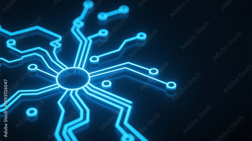 Abstract 3d rendering of a glowing neon blue circuit board design on black background Abstract 3d rendering of a glowing neon blue circuit board design on black background