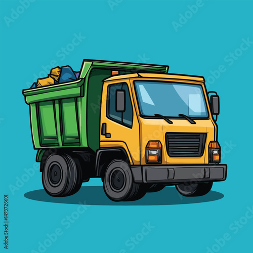 Cartoon Dump Truck with Green Bed and Yellow Cab Full of Trash