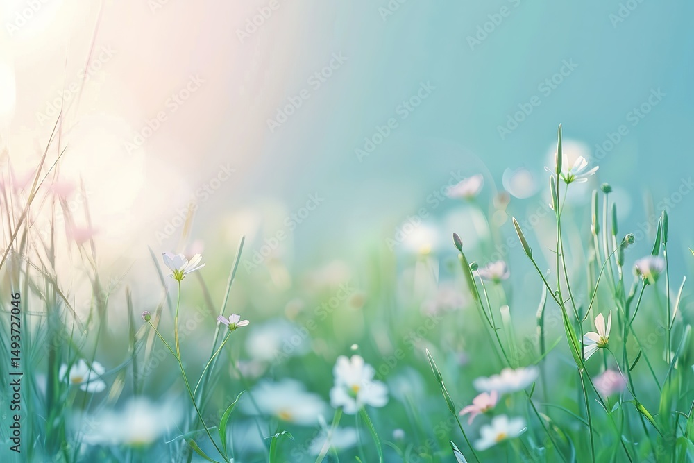Fototapeta premium Serene field of wildflowers and grass bathed in soft light and tranquil atmosphere