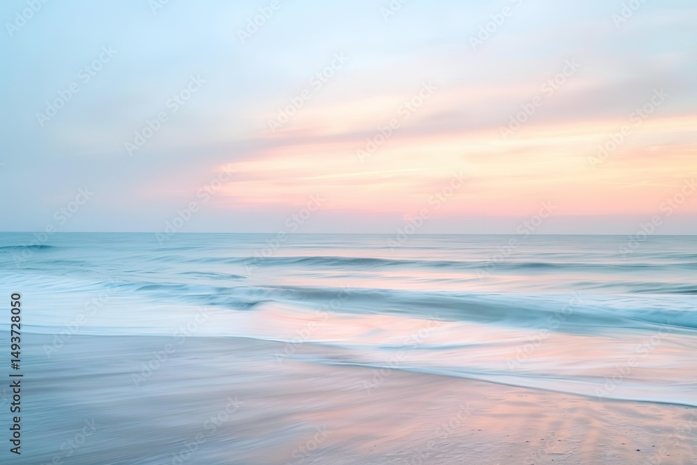 Soft waves meet the shore under a pastel sky creating a serene coastal scene Soft waves meet the shore under a pastel sky creating a serene coastal scene
