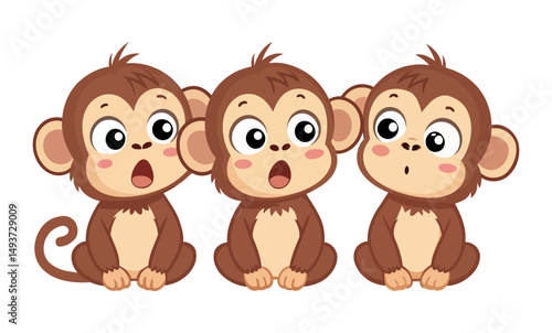 Cute brown fur primates sitting with expressive shocked and curious facial expressions