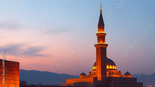 The evening azan echoing from the iconic minaret of kalon in bukhara, with warm lights illuminating the mosque. Echoing - Canyons. Illustration