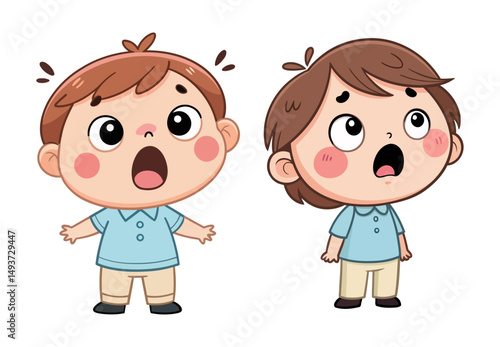 Cute expressive kids with open mouths showing shock and amazement