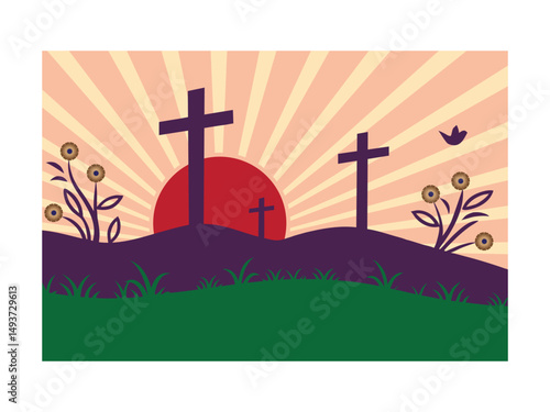 Hopeful religious crucifix silhouette on a hill at sunset