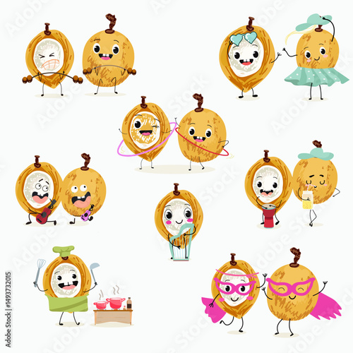 Pitomba fruit cute funny cheerful characters with different poses and emotions. Vector hand drawnvector illistration.
