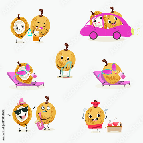 Pitomba fruit cute funny cheerful characters with different poses and emotions. Vector hand drawnvector illistration.