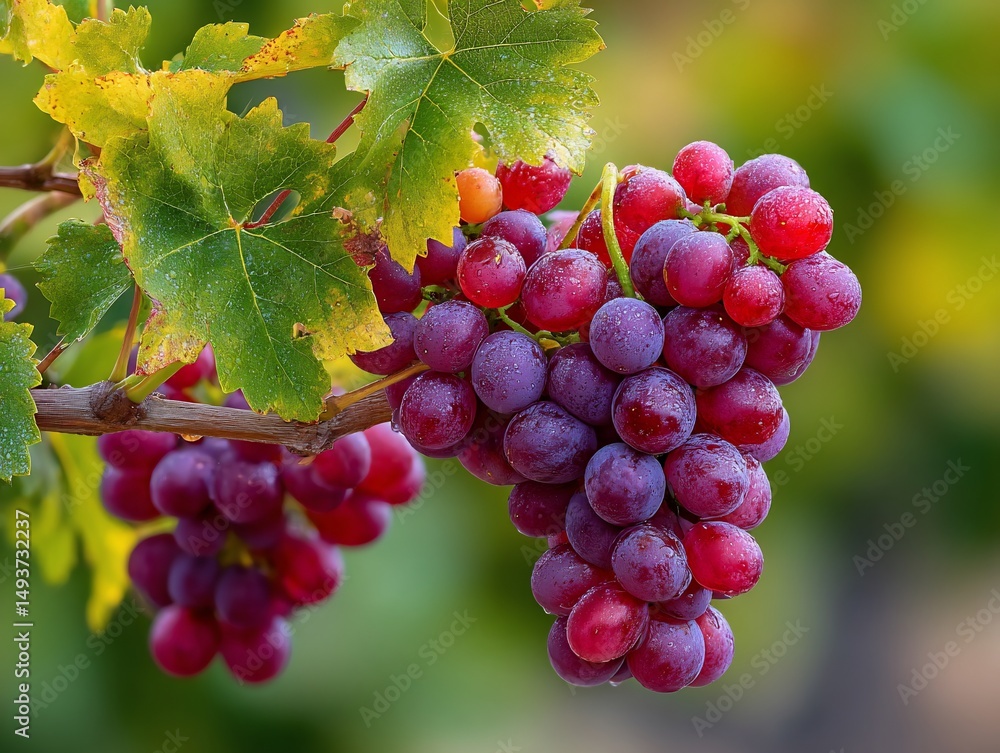 Fototapeta premium Grapes glistening with dew vine leaves nearby