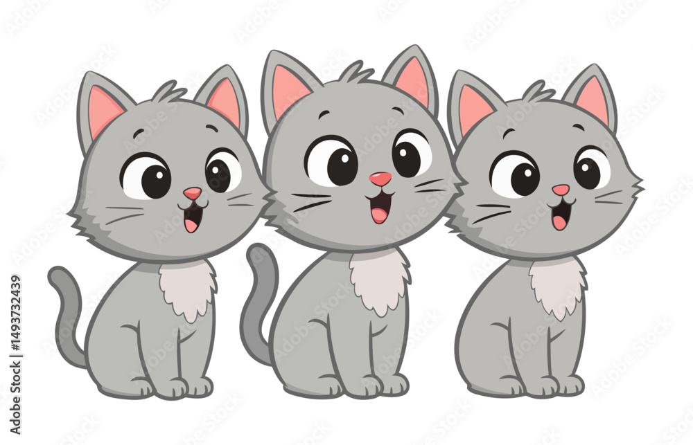 Obraz premium Cute Cartoon Gray Kittens Trio Sitting with Happy Expressions