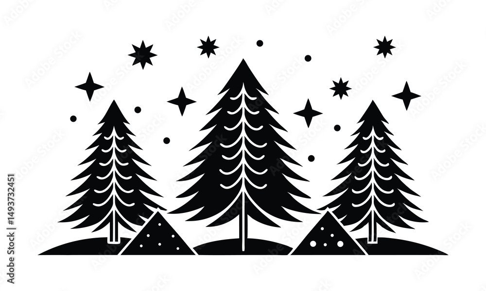 Obraz premium Stylized Pine Tree Illustrations, Unique Black & White Graphic Art Collection