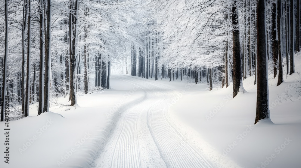 Naklejka premium A tranquil winter forest scene featuring tall snow-laden trees lining a winding path covered in deep fresh white snow under a soft light.