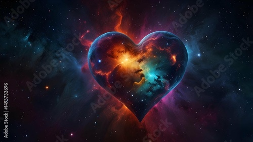 A cosmic nebula in the shape of a heart, filled with radiant Pride colors, stars shining within, outer space scene.