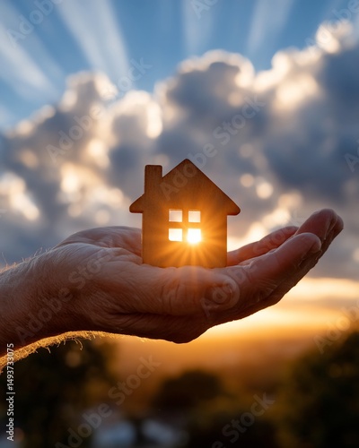 Hand holds home towards radiant sky