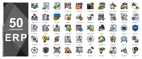 Flat and outlined ERP icons for clean user interfaces.           