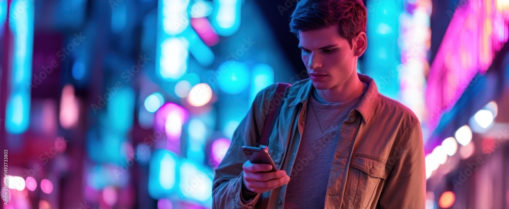 Obraz premium The young man using his smartphone in a vibrant neon-lit city street.