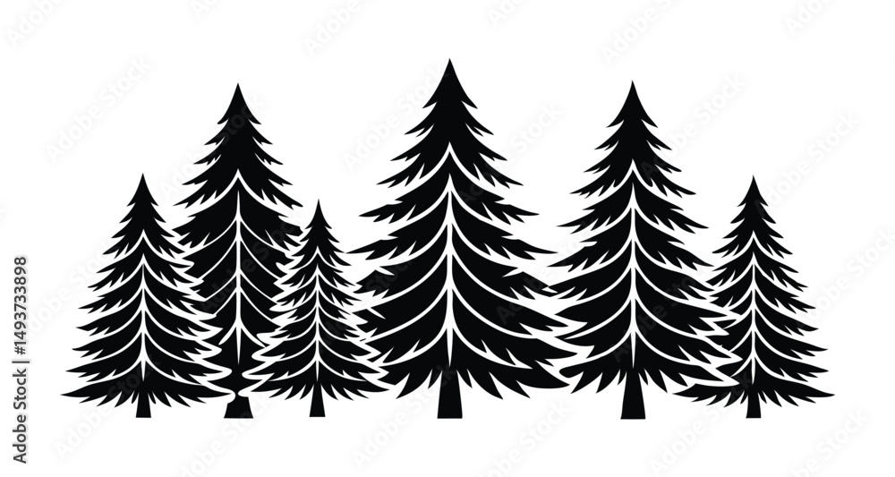 Obraz premium Stylized Pine Tree Illustrations, Unique Black & White Graphic Art Collection