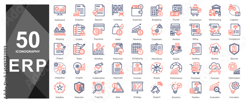 Orange duotone line icons for business and ERP interfaces.       