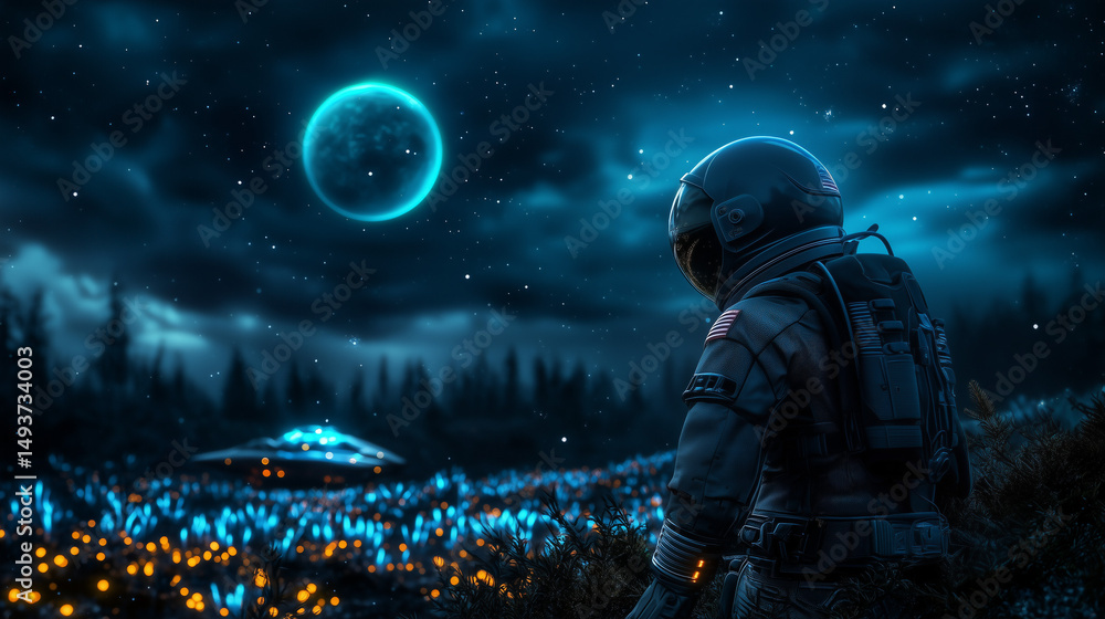 Obraz premium Astronaut explores alien planet under a lunar sky with glowing flora