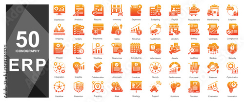Strong orange glyph gradient icons for ERP dashboards.           