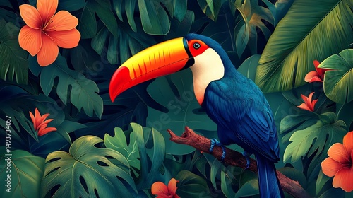 Vibrant toucan in lush tropical foliage.