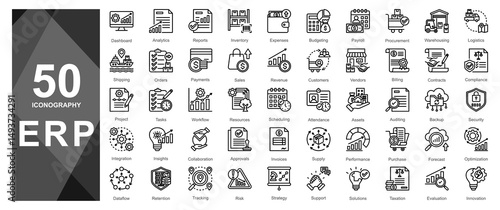 Clean line ERP icons for dashboards and mobile apps.             