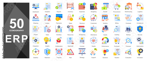 Flat-style ERP icons for apps and modern UI design.              