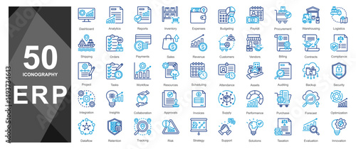Soft blue duotone line icons for ERP dashboards.                 