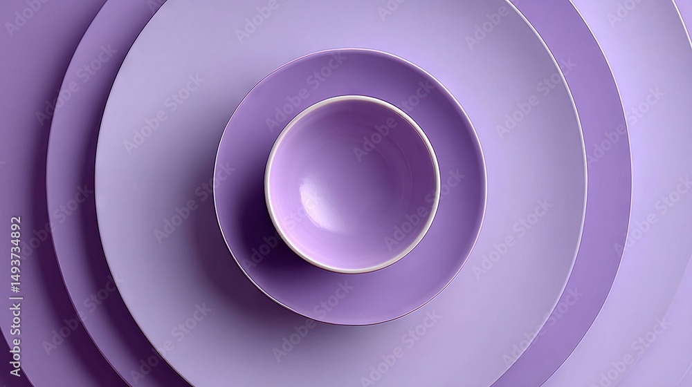 Obraz premium A bowl sits atop multiple plates stacked high, all in shades of purple
