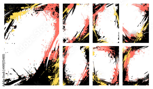 Set of edgy graffiti-style vector borders frames in vibrant red and yellow on black. Ideal for urban, street art, or modern designs.