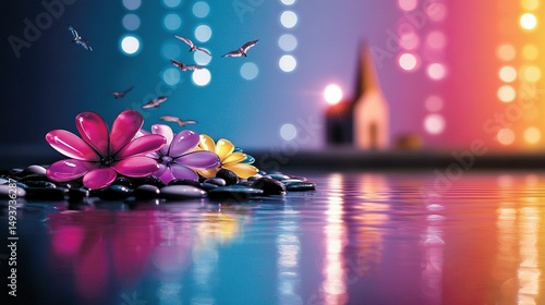 Wallpaper Mural   Flowers, table, rocks, vase, bird Torontodigital.ca