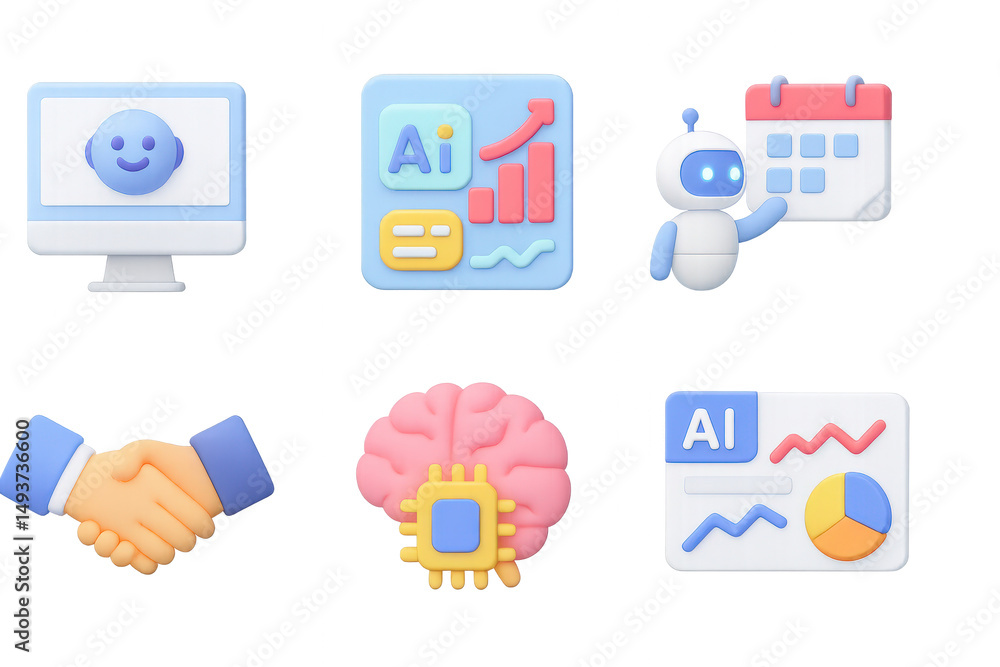 Set of 3D icons depicting artificial intelligence in data analysis, automation, and business strategy. Includes brain chip, robot, AI dashboard. Rendered in pastel tones on transparent background Set of 3D icons depicting artificial intelligence in data analysis, automation, and business strategy. Includes brain chip, robot, AI dashboard. Rendered in pastel tones on transparent background