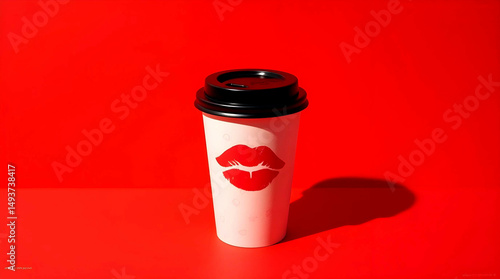 White disposable coffee cup with black lid and red lip print on bright red background, creating an accent on passion and originality of serving. Creative design of coffee products.