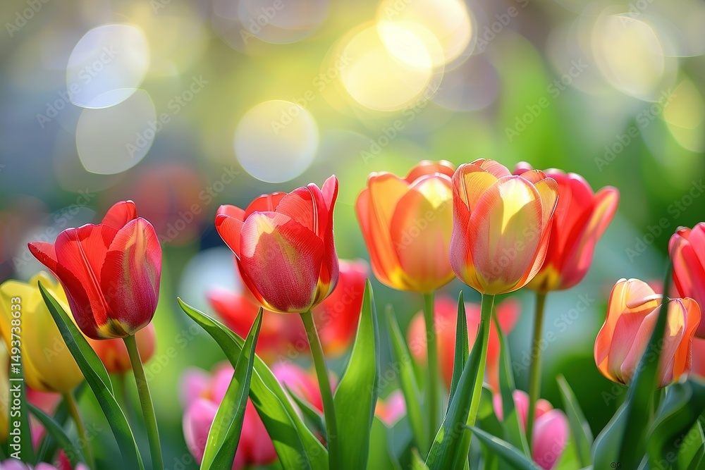 Vibrant tulips blooming in a spring garden bathed in soft diffused sunlight Vibrant tulips blooming in a spring garden bathed in soft diffused sunlight