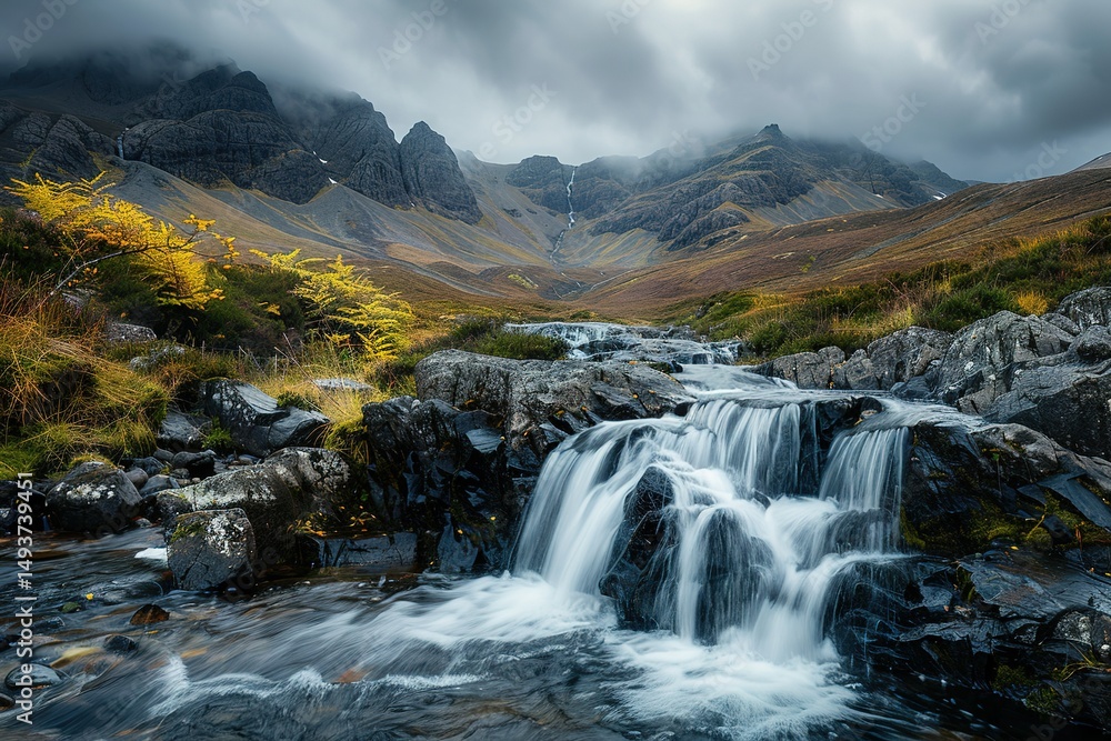 Fototapeta premium Waterfall cascades in a scenic mountain valley under a cloudy sky Serene landscape