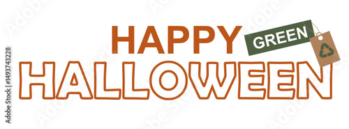 Eco-Friendly Green Halloween Typography with Recycling Tag isolated on transparent background. sustainable Halloween text design. environmentally conscious holiday celebrations. Vector illustration