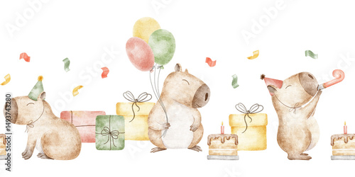Capybara in party hat, colorful gifts, balloons, whistle, confetti. Happy birthday festive banner. Watercolor seamless border of guinea pig for birthday party, anniversary, congratulation, celebration