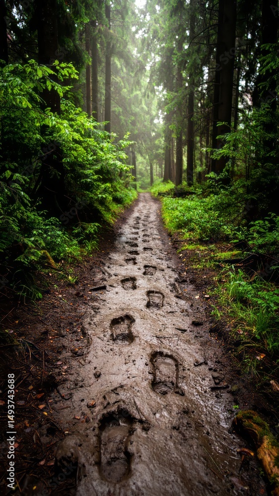 Fototapeta premium Muddy forest trail with footprints leading through lush green trees on a misty day.
